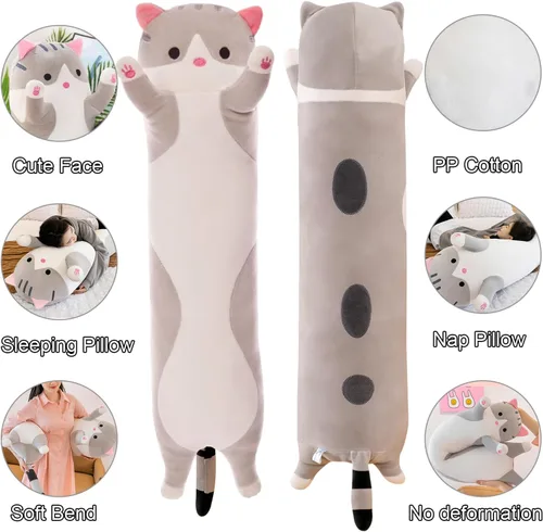 Miniatura 3 de Almohada gigante de gatos de peluche con dibujos animados y gatitos, almohada para dormir, suave y larga, para el cuerpo, muñeca y gato, cojín