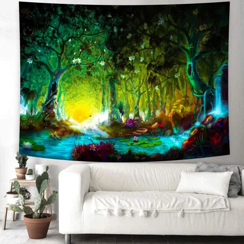 Miniatura 4 de Delur Tapiz de bosque de fantasía, río místico, encantado, de cuento de hadas, tapiz de árbol mágico de cuento de hadas, paisaje de amanecer, puesta