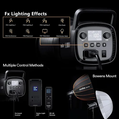 Miniatura 5 de Godox Luz de video LED SL100D, 100W 5600K 32100Lux @1M CRI 96+TLCI 97+ Bowens Mount COB LED luz continua, 8 efectos FX 0-100% brillo luz de estudio