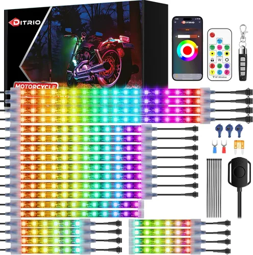 Miniatura 10 de Kit de 8 piezas de luces LED para motocicleta con señal de giro de freno, luces RGB para motocicleta con control remoto DITRIO APP/RF, zona dual, 12