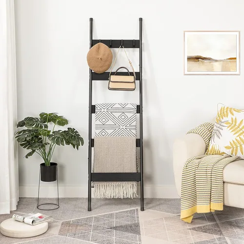 Miniatura 6 de HOOBRO Escalera para mantas, estante de toallas de 5 niveles con ganchos, estante de mantas inclinado en la pared, estante decorativo