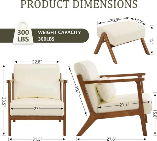 Miniatura 2 de Moderno juego de silla decorativa y otomana, sillón tapizado de piel sintética de mediados de siglo con marco de madera maciza y cómodo cojín