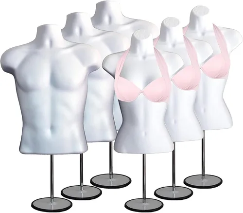 Miniatura 10 de Torso de maniquí masculino y femenino con soporte de metal, cuerpo hueco en la espalda, forma de vestido apilable para exhibición de camisetas, Gris