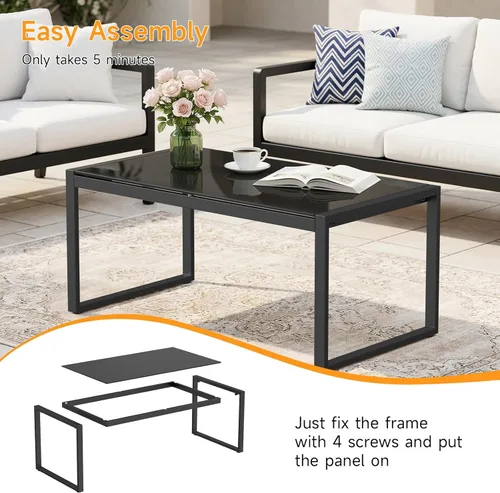Miniatura 7 de ONBRILL Mesa de café rectangular con escritorio de vidrio templado, mesa de café para exteriores con marco galvanizado y pies ajustables para patio