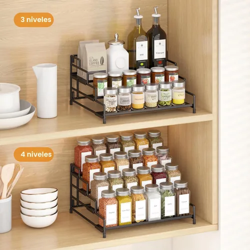 Miniatura 2 de RUILALIFE Organizador de especias de 4 niveles para gabinete, estante de especias ajustable para encimera, despensa, armario, organizador de Negro-1