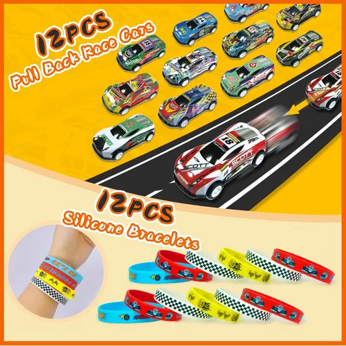 Miniatura 2 de Recuerdos de fiesta de coche de carreras, 110 piezas, con temática de automóvil, suministros para fiesta de cumpleaños, incluye pulseras, llaveros