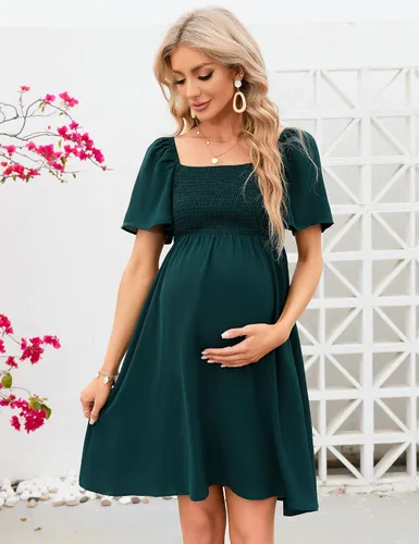 Miniatura 4 de KOJOOIN Vestido de maternidad de verano para mujer, lazo en la espalda, cuello cuadrado, manga abombada, hombros descubiertos, vestido de baby shower
