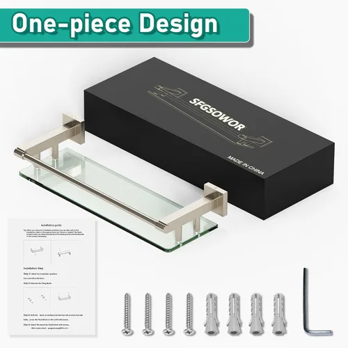 Miniatura 7 de Estantes de vidrio para baño, estantes de baño de níquel cepillado de 16 pulgadas para pared, rectangulares de acero inoxidable, vidrio templado