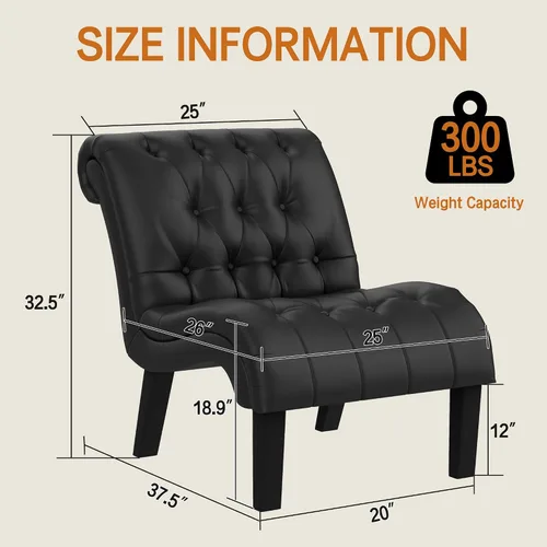 Miniatura 2 de Silla decorativa de piel sintética negra moderna con botones capitoné tapizada sin brazos para dormitorio, sala de estar con patas de madera