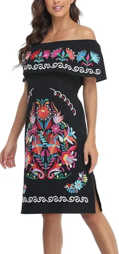 Miniatura 6 de YZXDORWJ Vestido bordado mexicano para mujer cuello con volantes sin mangas