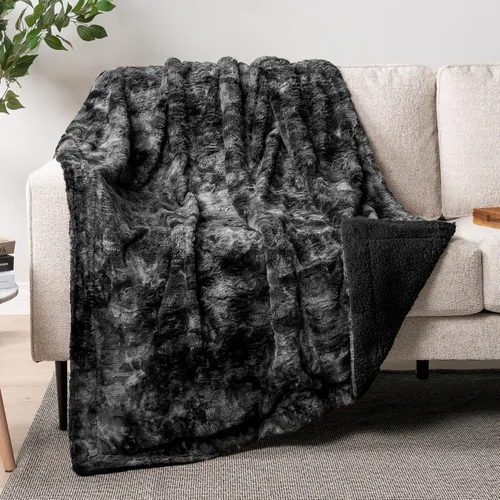 PAVILIA - Manta de piel sintética reversible con diseño tie-dye color negro, suave, mullida y cálida, mantas y cobijas de sherpa para cama, manta de