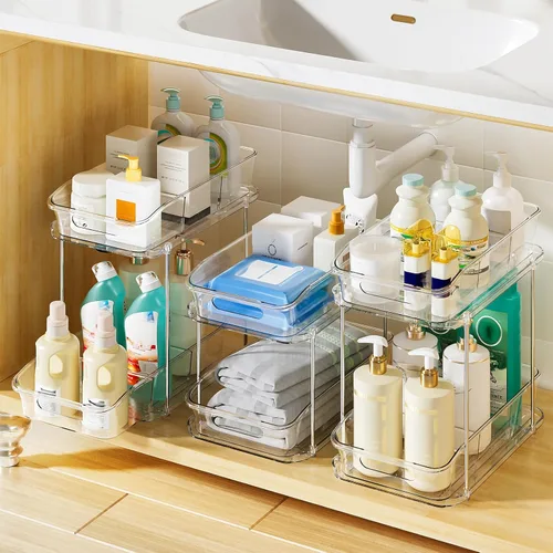 Miniatura 14 de Delamu Organizadores y almacenamiento de 2 niveles para debajo del fregadero, organizadores de gabinete de baño apilables multiusos, organización