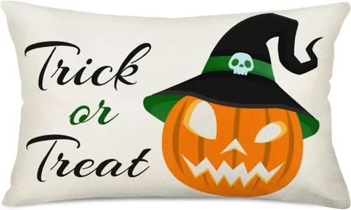 Fundas de almohada de Halloween de truco o trato, de lino y algodón, calabaza espeluznante con sombrero de bruja, letrero de calavera de 12 x 20