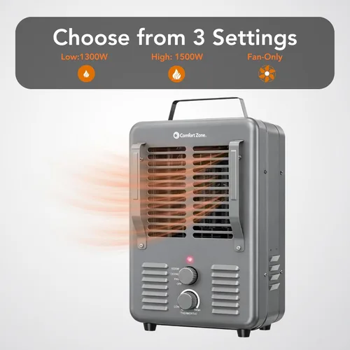 Miniatura 2 de Comfort Zone Calentador eléctrico portátil utilitario estilo Milkhouse de 1,500 vatios con termostato ajustable, protección contra Gris