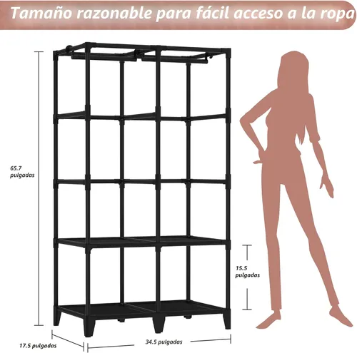Miniatura 6 de Armario de Ropa, Montaje Rápido y Fácil, Clóset Portátil Negro con 2 Barras Colgantes, 4 Estantes de Almacenamiento y 8 Bolsillos Laterales, Estante
