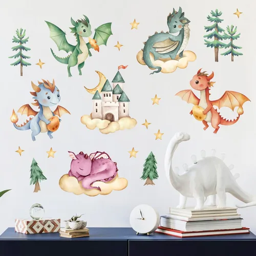 Miniatura 4 de Yovkky Adhesivos de pared de dragón bebé, calcomanías de castillo de acuarela, pino, nube, luna, estrellas, decoración neutra para vivero de niños