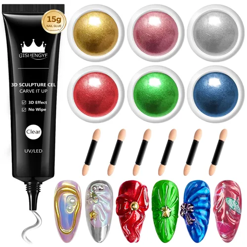 Miniatura 19 de Kit de gel de uñas 3D y polvo de uñas cromado BISHENGYF: 0.53 oz No Wipe Gel de Escultura 3D Aurora Rosa Azul Oro Cromo Polvo de uñas con pegamento