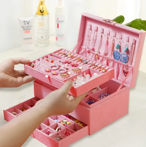 Miniatura 5 de QBestry Caja organizadora de joyas para mujer, caja de joyería de terciopelo rosa para collares y aretes, anillos, pulseras, joyero, organizador