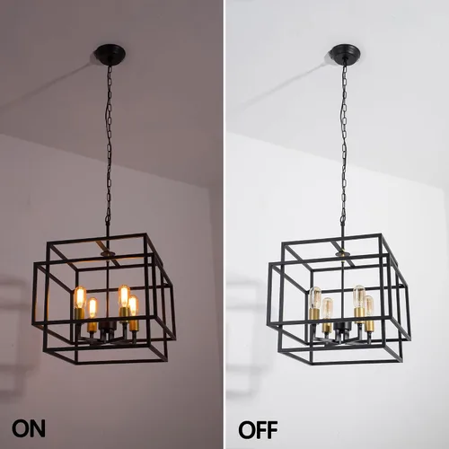Miniatura 4 de Maxax Lámpara de araña cuadrada moderna, 4 luces colgantes de granja, para isla de cocina, comedor, dormitorio, sala de estar, acabado negro y dorado