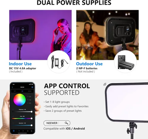Miniatura 8 de NEEWER RGB168 Panel de Luz LED RGB de Video de 18.3" con Control de Aplicación, Kit de Soporte de Trípode de 2 Paquetes, 60W/360°