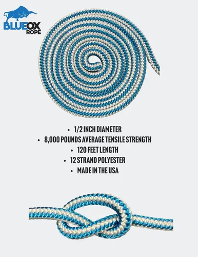 Miniatura 3 de Blue Ox Rope Cuerda de escalada arborista de 1/2 pulgada por 120 pies, 12 hebras de poliéster, azul/blanco, fabricada en los Estados Unidos