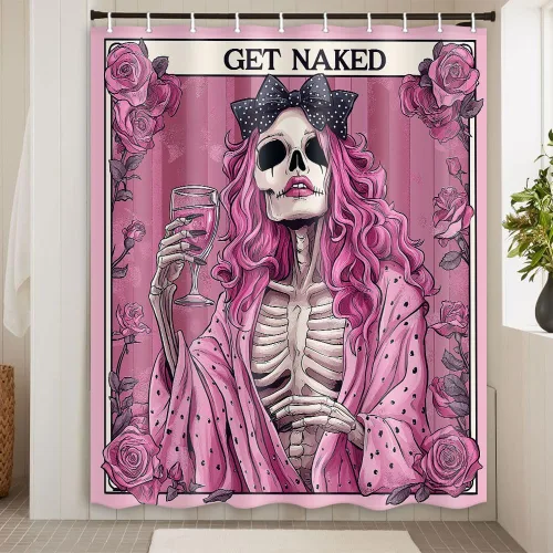 Miniatura 3 de Divertida cortina de ducha de esqueleto de calavera rosa, para Halloween, gótica, rosa, rojo, rosa, floral, vino tinto, terror, terror, cortina