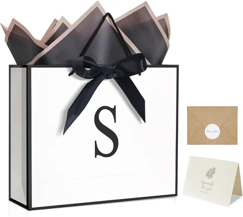 QLSKO Bolsa de Papel de Regalo con Monograma Personalizada con Inicial con Tarjeta, Sobre a Juego, Calcomanía, Cinta de Lazo y Papel de Seda para