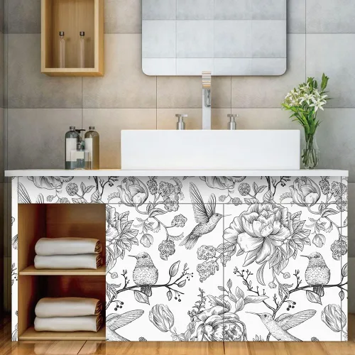 Miniatura 3 de Papel pintado vintage en blanco y negro floral de despegar y pegar - Flores, colibríes, mariposas - Extraíble 17.7"x118.1" Negro/Blanco