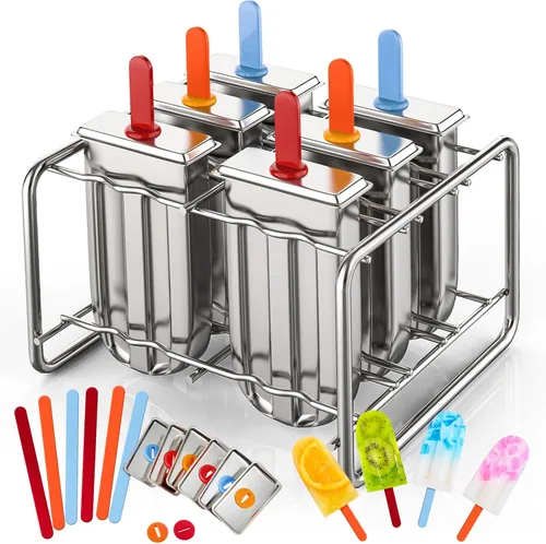 Jingmore Moldes de acero inoxidable, 6 moldes de metal de cabeza redonda con soporte y palos reutilizables, para hacer helados de metal para yogur