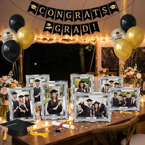Miniatura 5 de Queekay Paquete de 4 portarretratos de graduación con purpurina de 4 x 6 pulgadas, marco de fotos de espejo de cristal plateado para decoraciones
