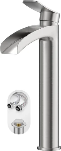 Miniatura 10 de Phiestina Grifo Alto de Lavabo Vessel para Baño Negro Mate, Cascada de Un Solo Orificio con Una Sola Manija para Lavabo Sobre Encimera, con Desagüe