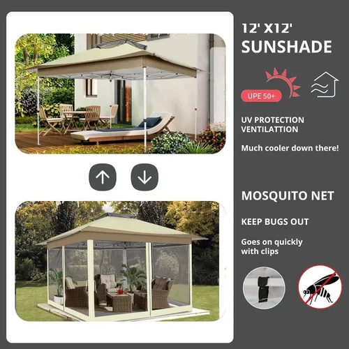 Miniatura 7 de COBIZI - Tienda desplegable de 3,66 x 3,66 metros en oferta - Cenador portátil de metal para exteriores con mosquitero, impermeable - Cenador Caqui