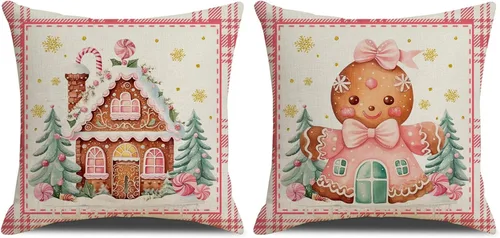 TyCan Juego de 2 fundas de almohada decorativas de Navidad, diseño de casa de jengibre y niña de jengibre para dormitorio de niños, sala de estar,