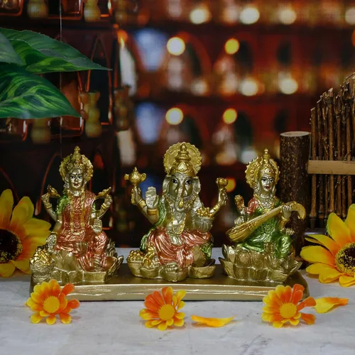 Miniatura 2 de alikiki Estatua hindú de Lakshmi Ganesha Saraswati – Ídolo de Laxmi Ganesh para decoración del tablero del automóvil, templo mandir Pooja, artículo