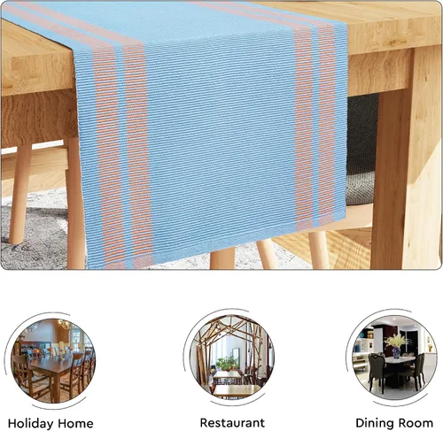 Miniatura 4 de Encasa XO Camino de mesa de comedor de 13 x 72 pulgadas Algodón acanalado fino teñido con hilo Azul escalera Lavable a máquina Escalera Azul