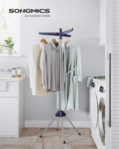 Miniatura 9 de SONGMICS ULLR510B01 - Estante de secado de ropa plegable de 59 pulgadas con 3 brazos giratorios para perchas, 4 patas, acero inoxidable, para 27