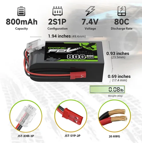 Miniatura 2 de OVONIC Batería Lipo de 7.4V 80C 800mAh 2S con enchufe JST [1 paquete que incluye 2 baterías]