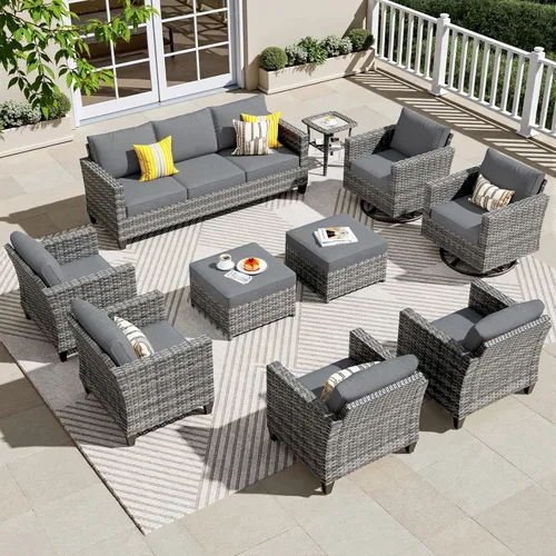Miniatura 30 de ovios Juego de muebles de patio de 8 piezas, sofá de mimbre para exteriores con sillas giratorias, mecedora con cojines cómodos, juego de Beige