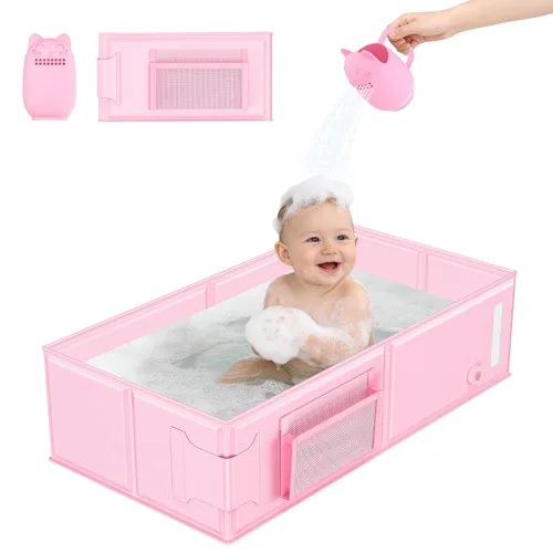 Bañera plegable para bebé, convierte la ducha en bañera, bañera portátil 2 en 1 para niños pequeños con taza de enjuague, sin montaje, fácil de Rosa