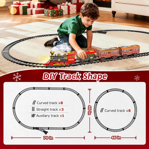 Miniatura 7 de Juego de tren eléctrico para niños, juguetes de tren de Navidad con humo, luz y sonido, pistas de tren de construcción de bricolaje debajo del árbol