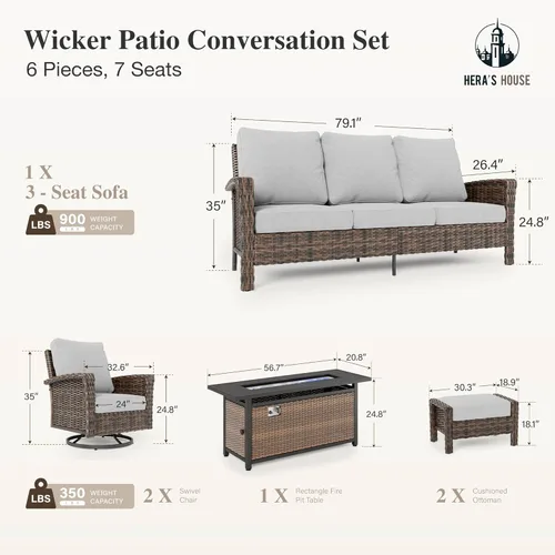 Miniatura 6 de HERA'S HOUSE - Juego de 8 muebles para exteriores con mesa de fogata, juego de conversación para patio con cojines de 14 cm de grosor y sillas Gris