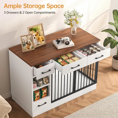 Miniatura 5 de Jaula para perros con comedero oculto y 3 cajones de almacenamiento - Jaula de madera para perros de 47.2" para interiores con estante ajustable