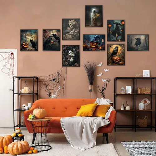 Miniatura 6 de ARKZSHO Juego de 9 impresiones en lienzo para pared de Halloween, pintura oscura de academia, pintura estética gótica espeluznante para galería