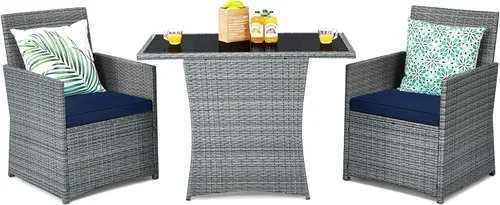 Miniatura 14 de Tangkula Patiojoy - Juego de comedor de 3 piezas de ratán PE que ahorra espacio, con mesa superior de vidrio templado y sillas acolchadas, juego