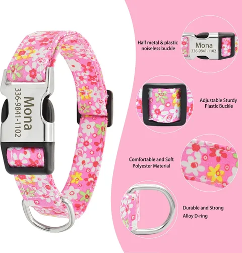 Miniatura 2 de Collares de perro florales personalizados con nombre, collares suaves personalizados con hebilla grabada para perros pequeños, medianos y grandes