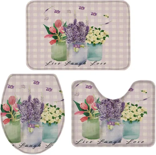 Miniatura 3 de Juego de alfombras de baño de 3 piezas, diseño floral antideslizante, tapete de contorno y tapa de inodoro, tapetes de ducha absorbentes, juego