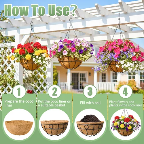Miniatura 6 de Paquete de 2 cestas colgantes de 12 pulgadas para plantas al aire libre, macetas colgantes redondas de metal con forro de fibra de coco