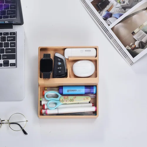 Miniatura 5 de Caja de bandeja de valet, caja de almacenamiento de madera de haya con rotación magnética, organizador de suministros diarios para escritorio