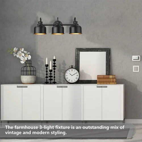 Miniatura 5 de Aplique de 3 luces para tocador de baño, aplique de pared de granja, luces de granero con pantalla de metal negro mate, lámpara de pared exterior