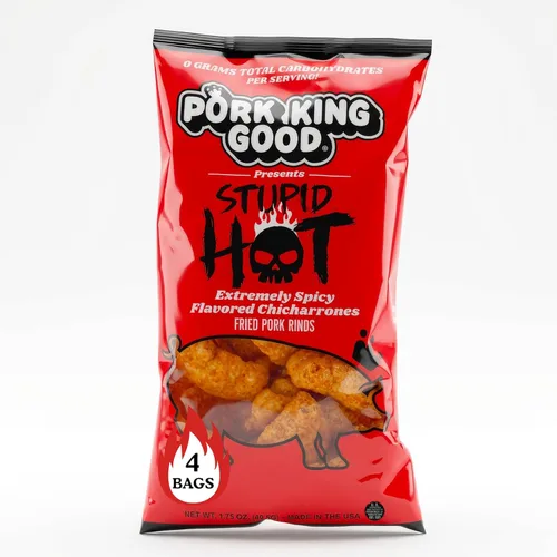 Pork King Good Stupid Hot Pork Chicharrones - Paquete de 4 bocadillos bajos en carbohidratos, aptos para dieta cetogénica, chicharrones